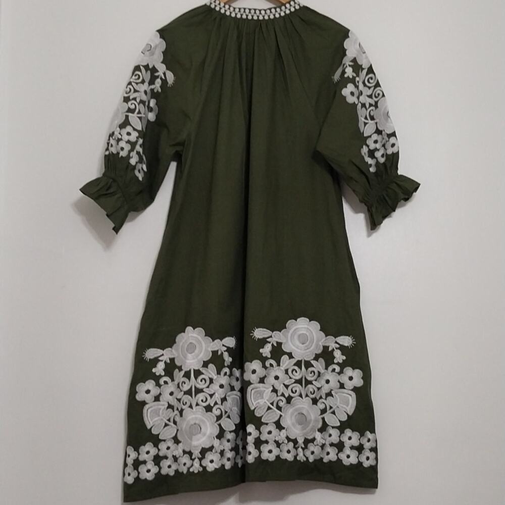 Olive Green Embroidered Mini Dress with White Floral Detail - Picture 6 of 11